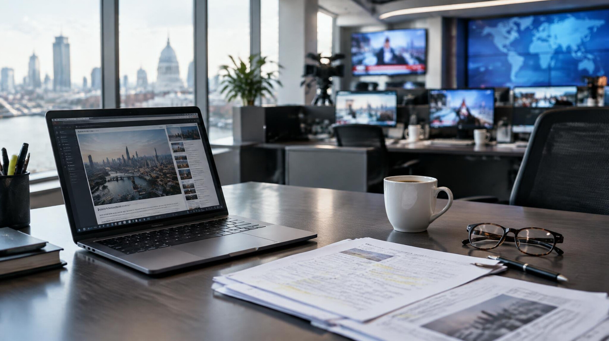Desk with laptop, notebook and coffee in a newsroom