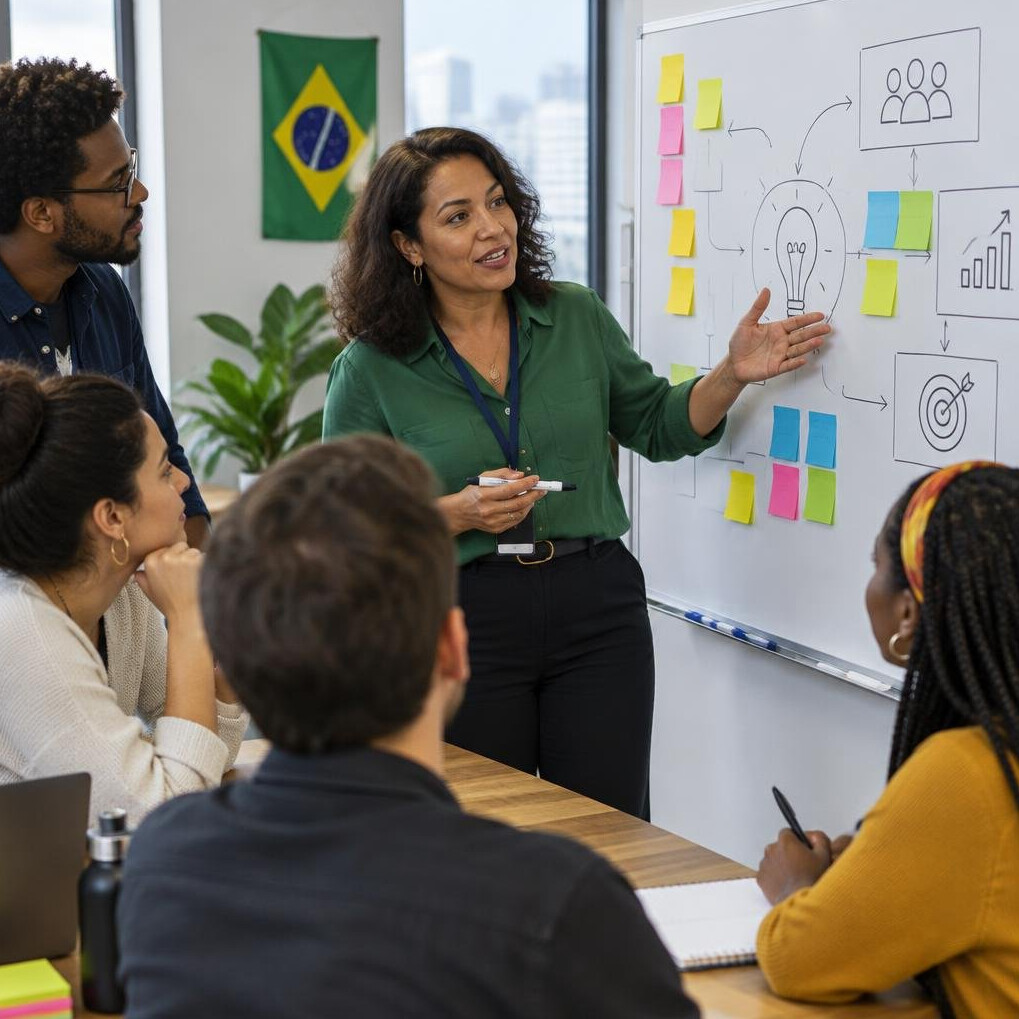 Leader explaining plan to team at whiteboard