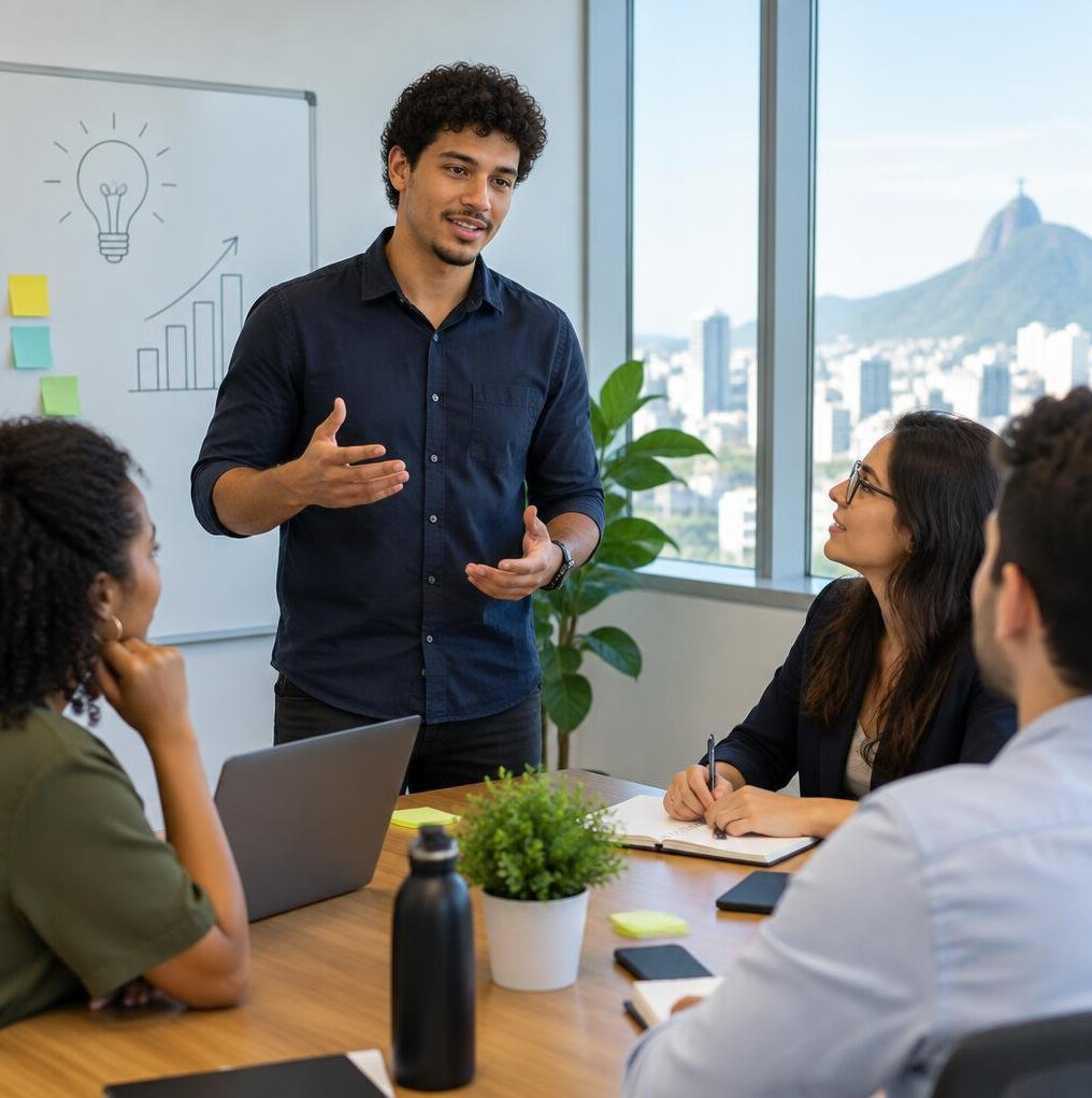 Person presenting ideas in a meeting