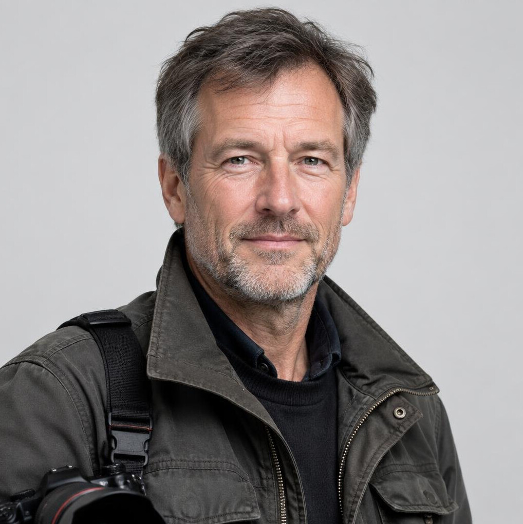 Studio portrait of a Swiss male photojournalist in his 50s