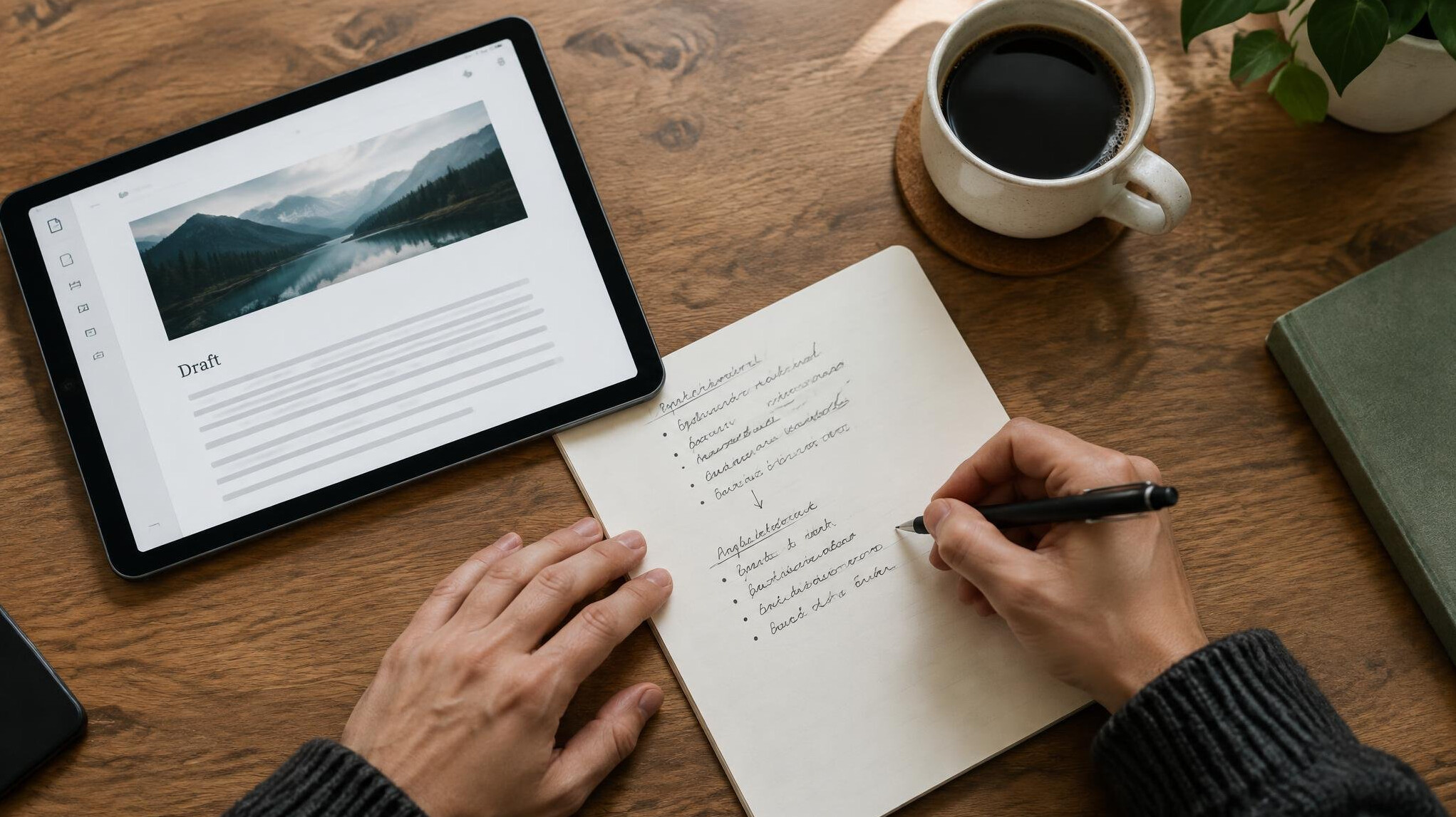 Hands writing notes next to a tablet with an article draft