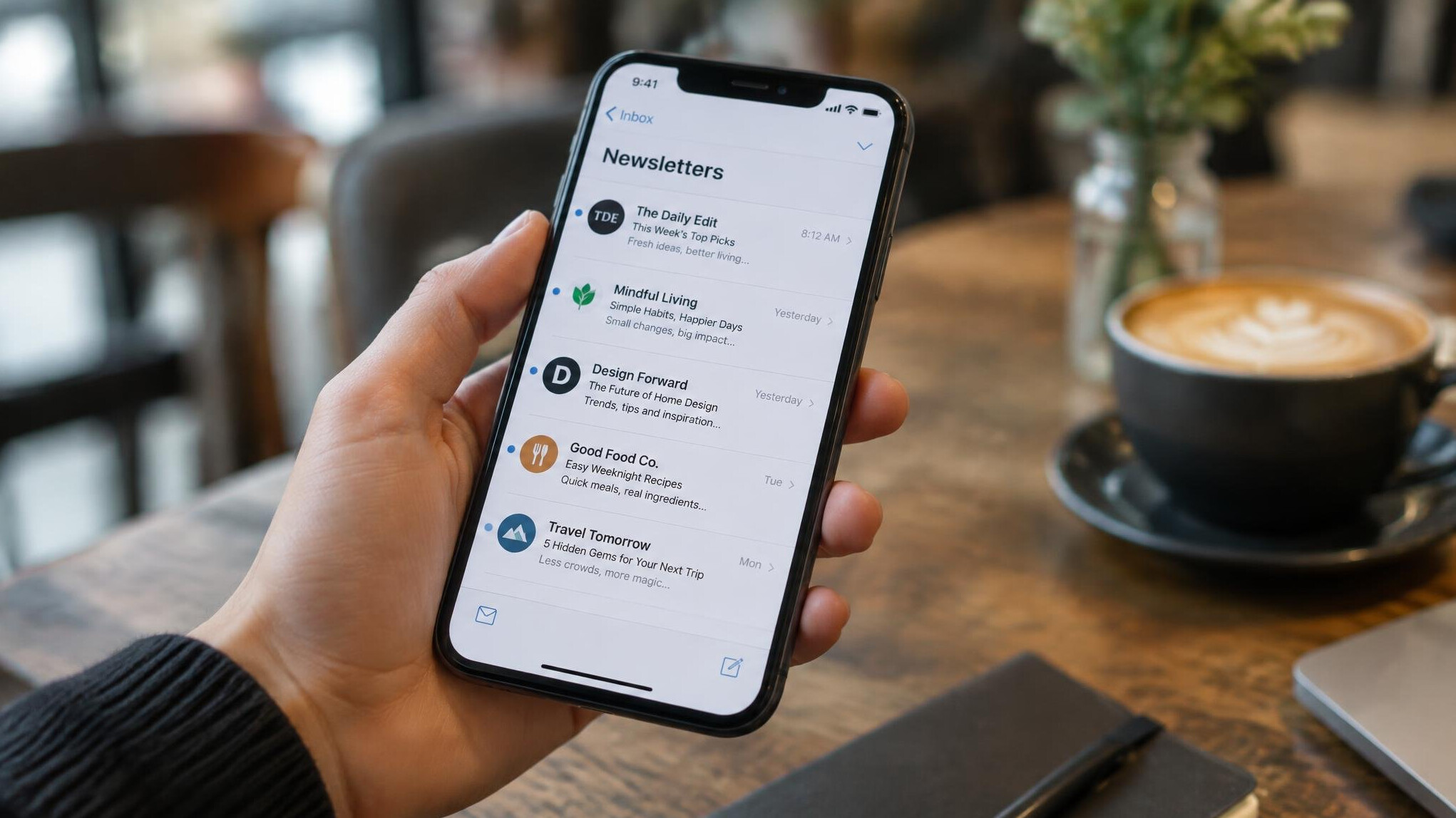 Smartphone displaying an email newsletter inbox