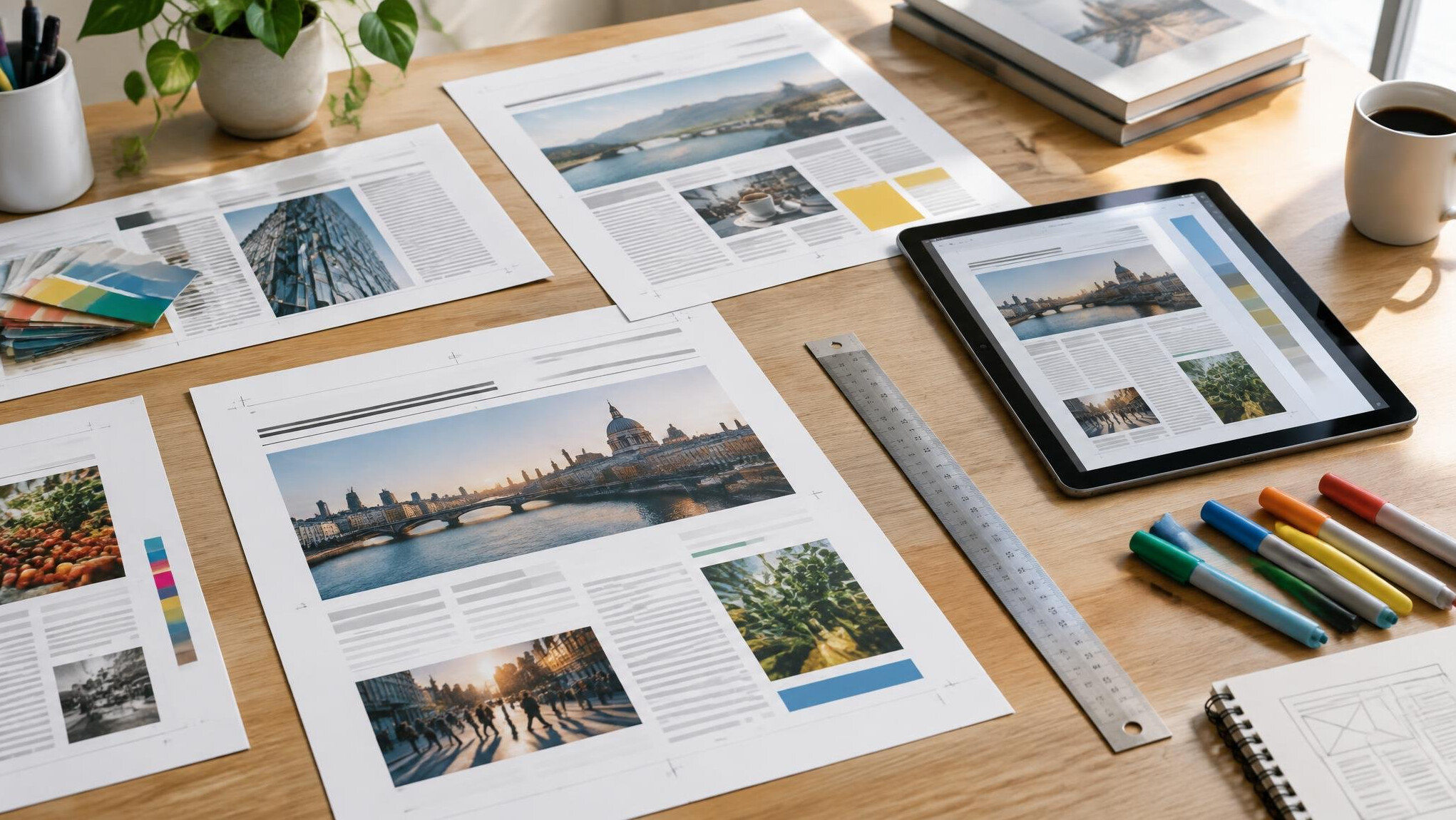 Layout desk with newspaper page mockups and a tablet